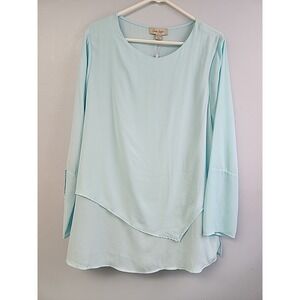 CHARLIE PAIGE Womens Blouse Sz L Blue W/Asymmetrical Hem & Flowing Sleeve NWT